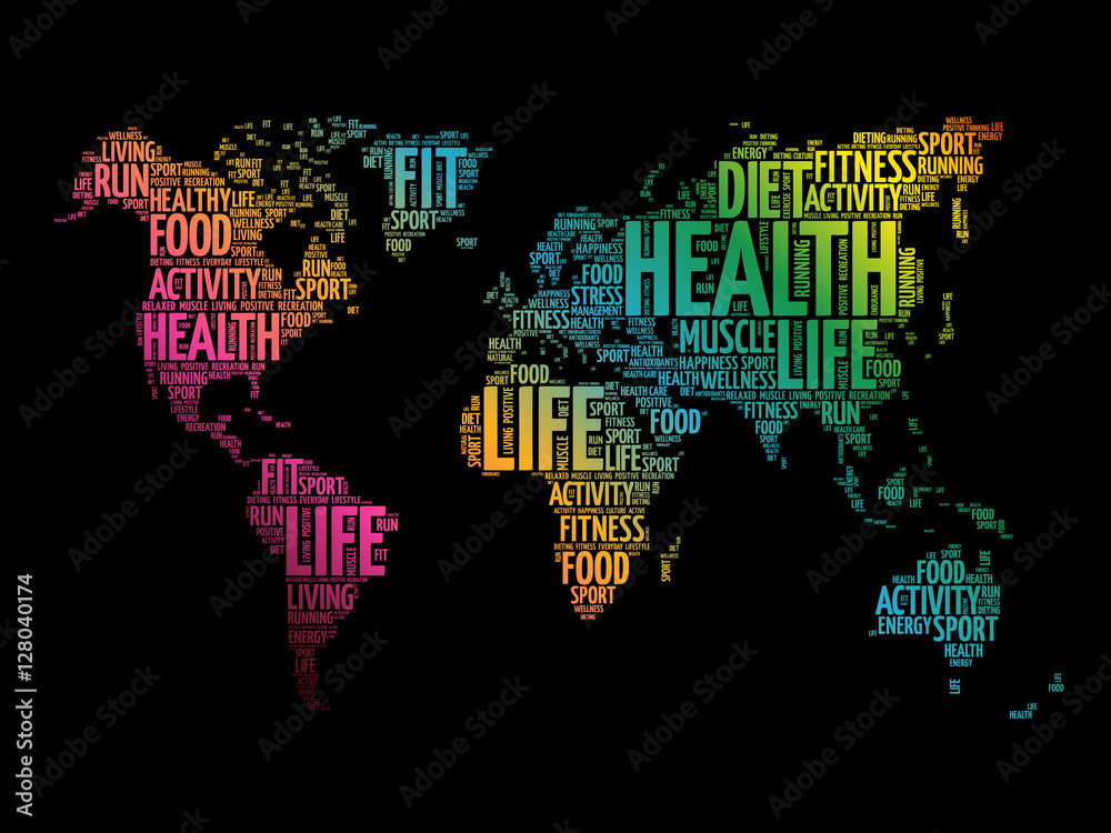 Health and Life World Map in Typography, sport, health, fitness word cloud concept Health and Life World Map in Typography, sport, health, fitness word cloud concept