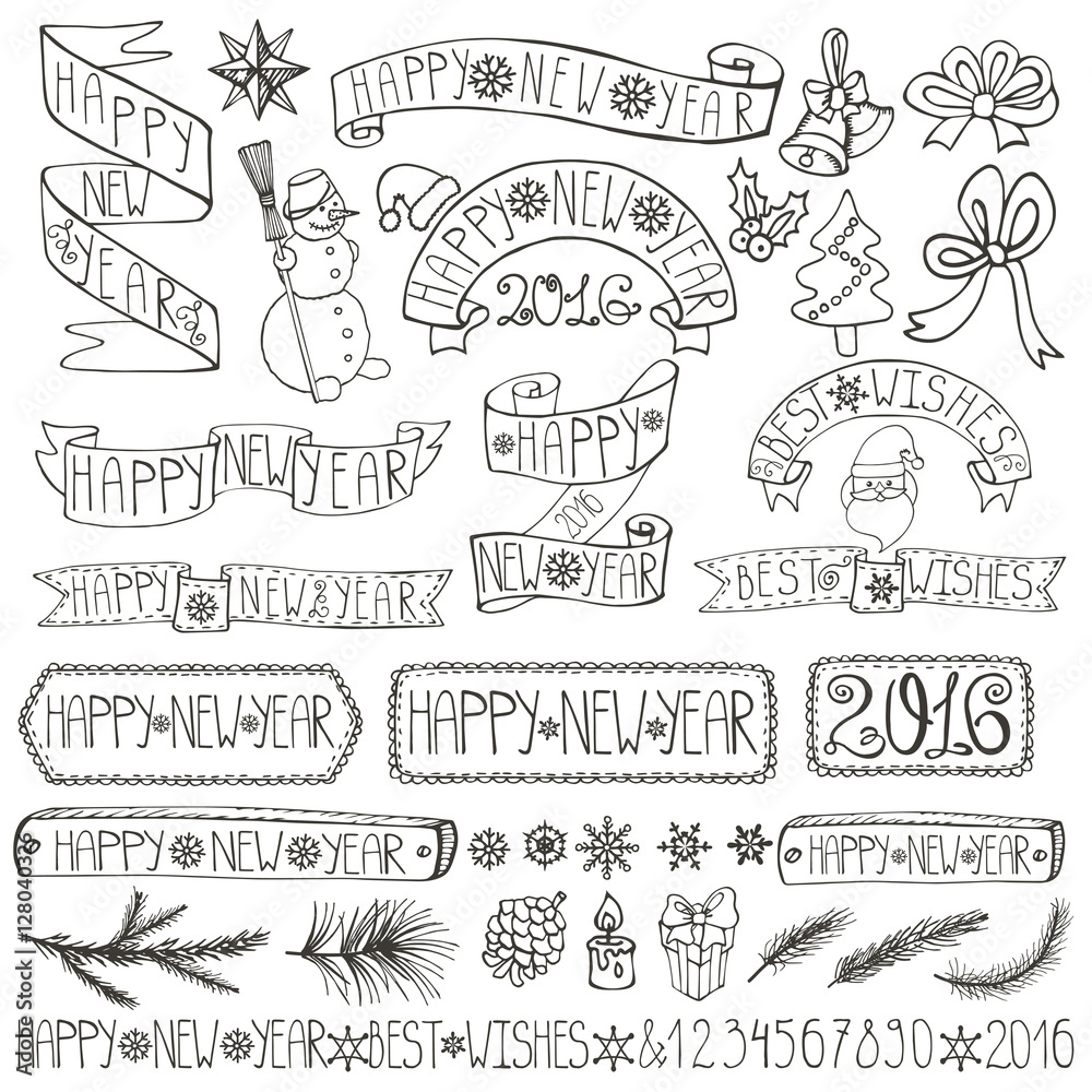 New year decoration labels,ribbons,lettering.Linear