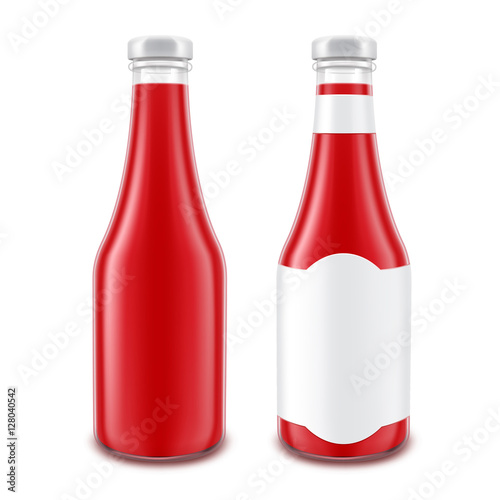 Set of Blank Glass Red Tomato Ketchup Bottle for Branding without with White Label Isolated on White Background