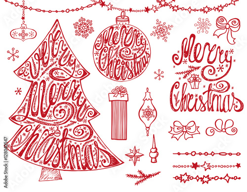 Merry Christmas tree,balls.Lettering,garlands,decor.Red