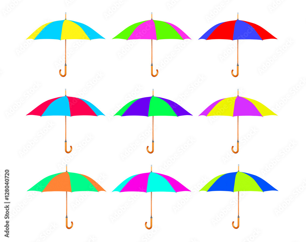 Set of multicolored umbrella isolated on white. Set of multicolored umbrella isolated on white.