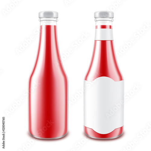 Vector Set of Blank Glass Glossy Red Tomato Ketchup Bottle for Branding without with Label Isolated on White Background