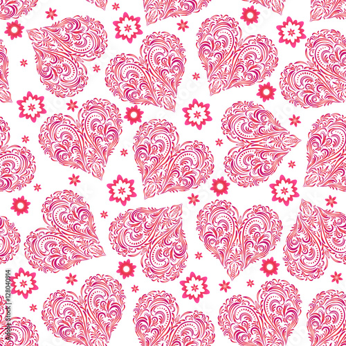 Seamless Background  Valentine Holiday Hearts with Floral Pattern of Pink Symbolical Flowers and Plants. Vector