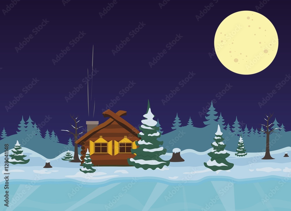 Cartoon of the night forest landscape with wooden cabin.