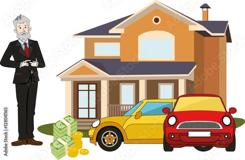 Rich old man with big cottage, cars, money. Realistic illustration.