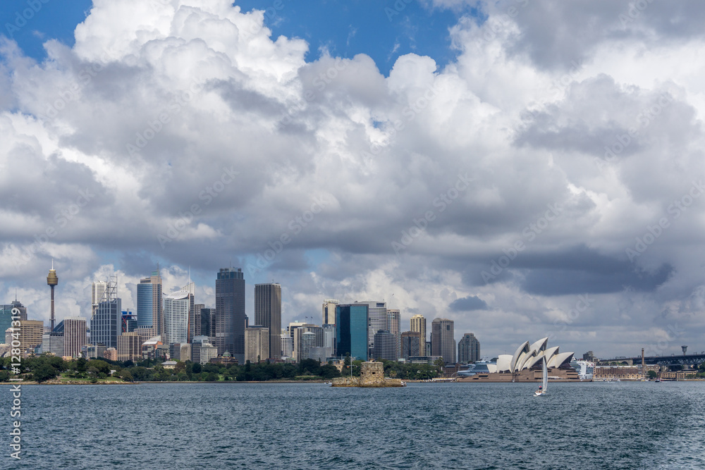 Beautiful panoramic view of Sydney city skyline from the sea