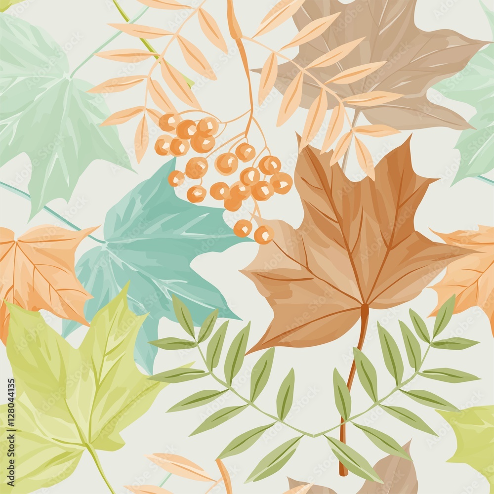 seamless pattern with brown, yellow, blue, green autumn leaves Colorful leaf of maple, aspen and rowan with berries seamless pattern with brown, yellow, blue, green autumn leaves Colorful leaf of maple, aspen and rowan with berries