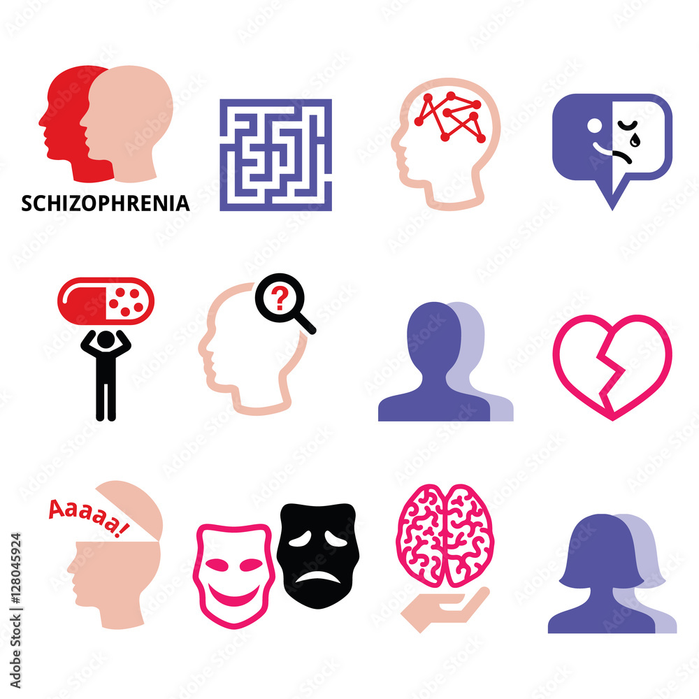 Schizophrenia, mental health, psychology vector icons set Schizophrenia, mental health, psychology vector icons set