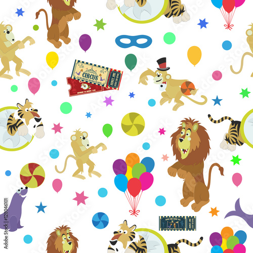 Wonderful vector seamless pattern of circus and funny animals.