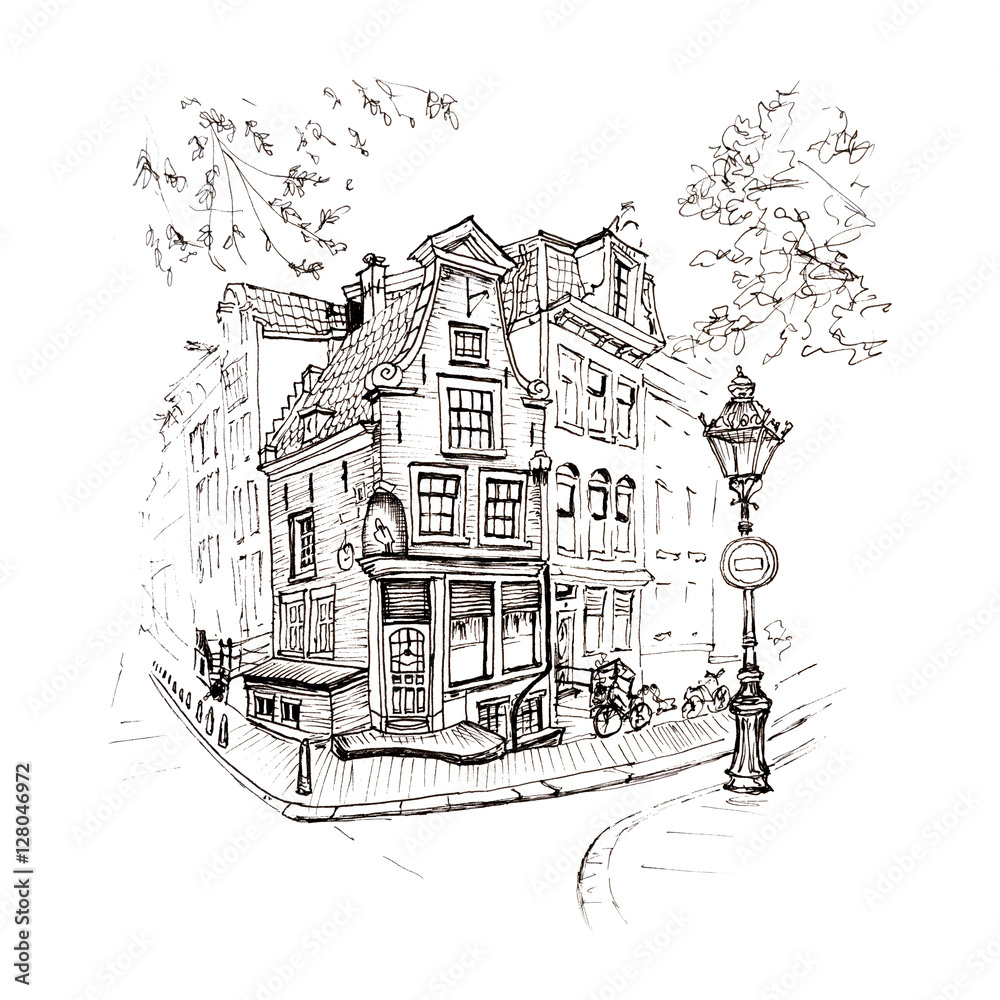 Black and white hand drawing, city view of Amsterdam typical house with stork and lantern, Holland, Netherlands. Picture made liner