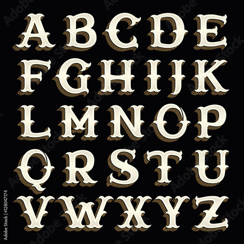 Retro alphabet in western style with lines shadow.