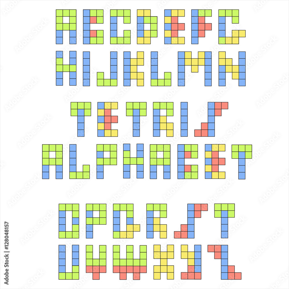 Tetris retro font. Constructive colorful alphabet Tetris retro font. Constructive colorful alphabet