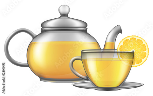 Teapot and cup of green tea with lemon. Vector illustration.