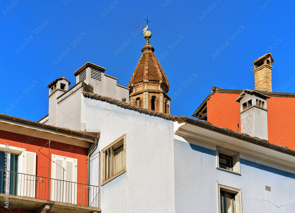 Church tower and colorful architecture of Ascona Ticino Switzerland