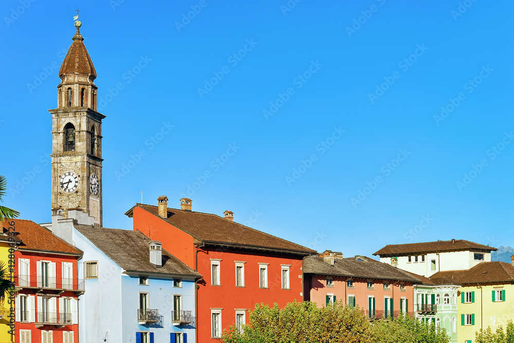 Church tower and old buildings of Ascona Ticino Switzerland Church tower and old buildings of Ascona Ticino Switzerland