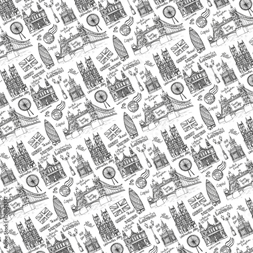 London  landmark set.Colored Doodle pattern background