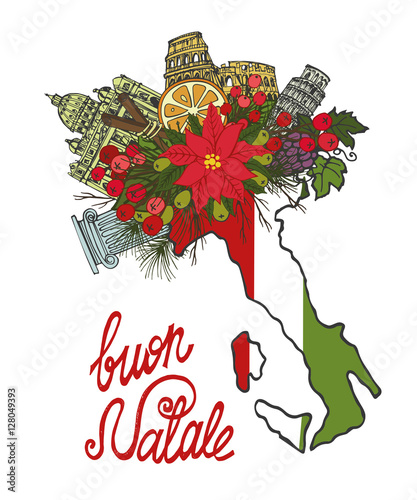 Italy christmas card.Hand drawn doodle map