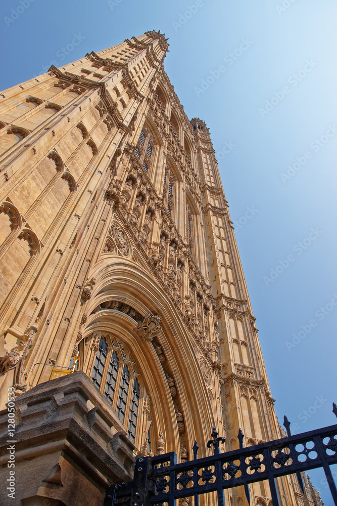 Fragment of Tower of Palace of Westminster in London UK