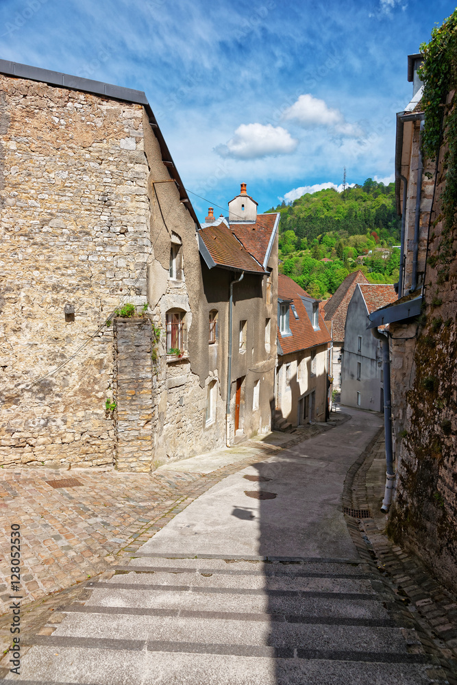 Narrow Street in Besancon in Bourgogne Franche Comte in France