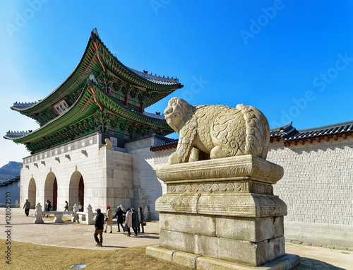 Mythological lion Haechi statue in Gyeongbokgung Palace in Seoul