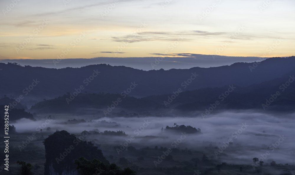 Sunrise and fog in the morning, Thailand.