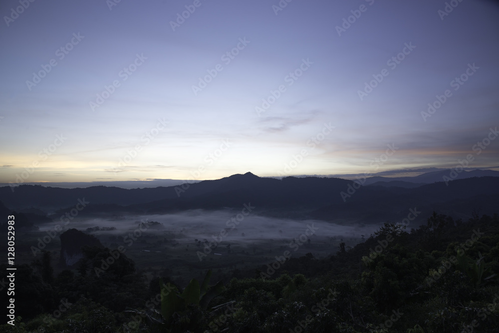 Sunrise and fog in the morning, Thailand.