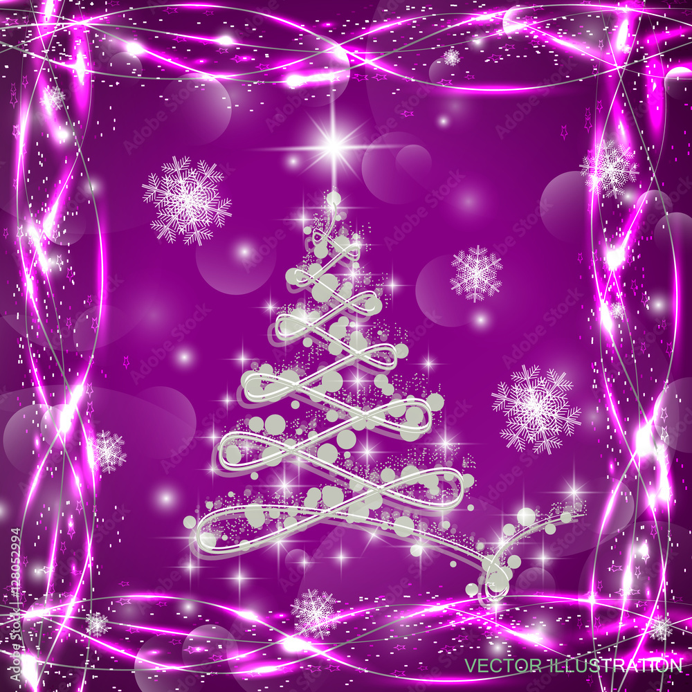 Fototapeta premium Christmas tree in lilac colours with lights and snowflakes. Beautiful image with Christmas tree and colorful garlands for the Christmas holiday and New Year. Vector illustration.