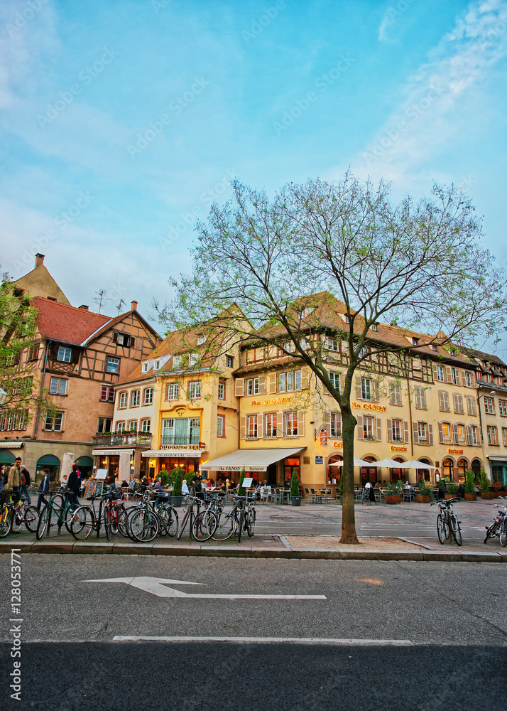 Restaurants at Place du Corbeau in Strasbourg in France Restaurants at Place du Corbeau in Strasbourg in France
