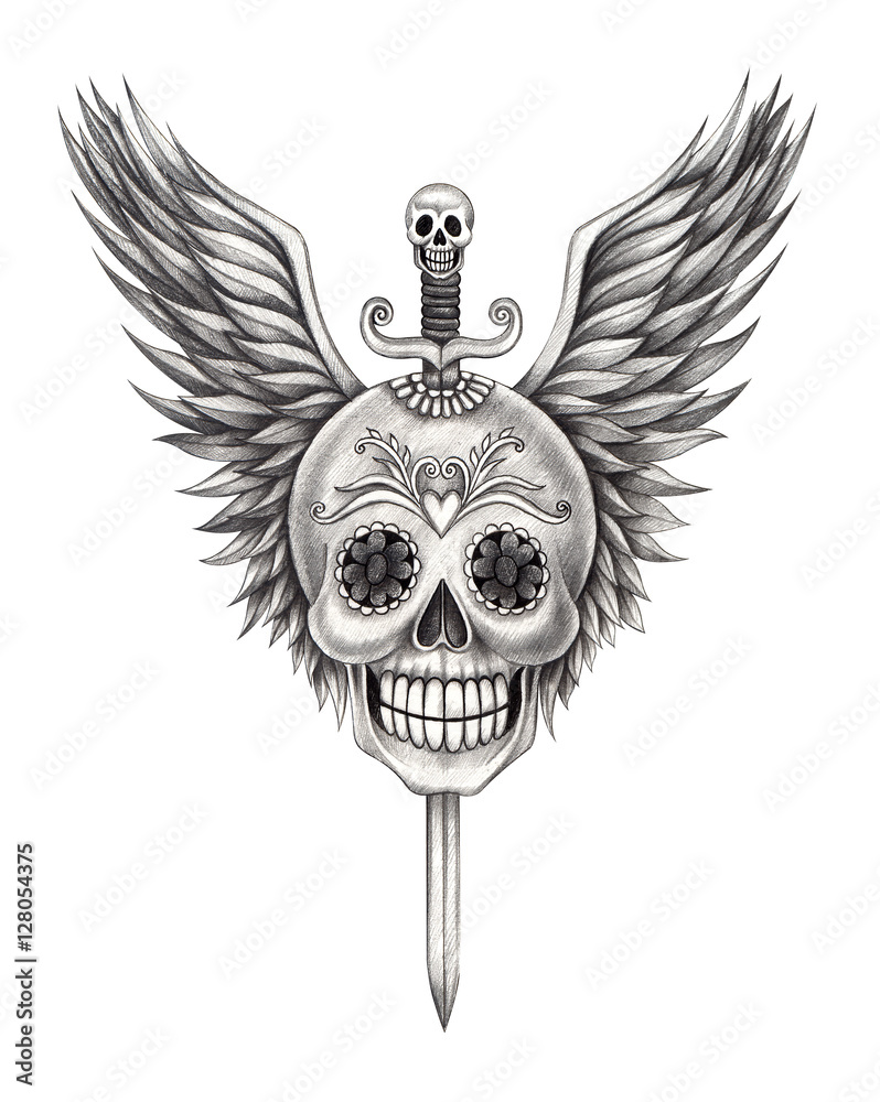 Art skull wings tattoo .Art design skull head mix graphic tribal tattoo  hand pencil drawing on paper. Stock Illustration | Adobe Stock