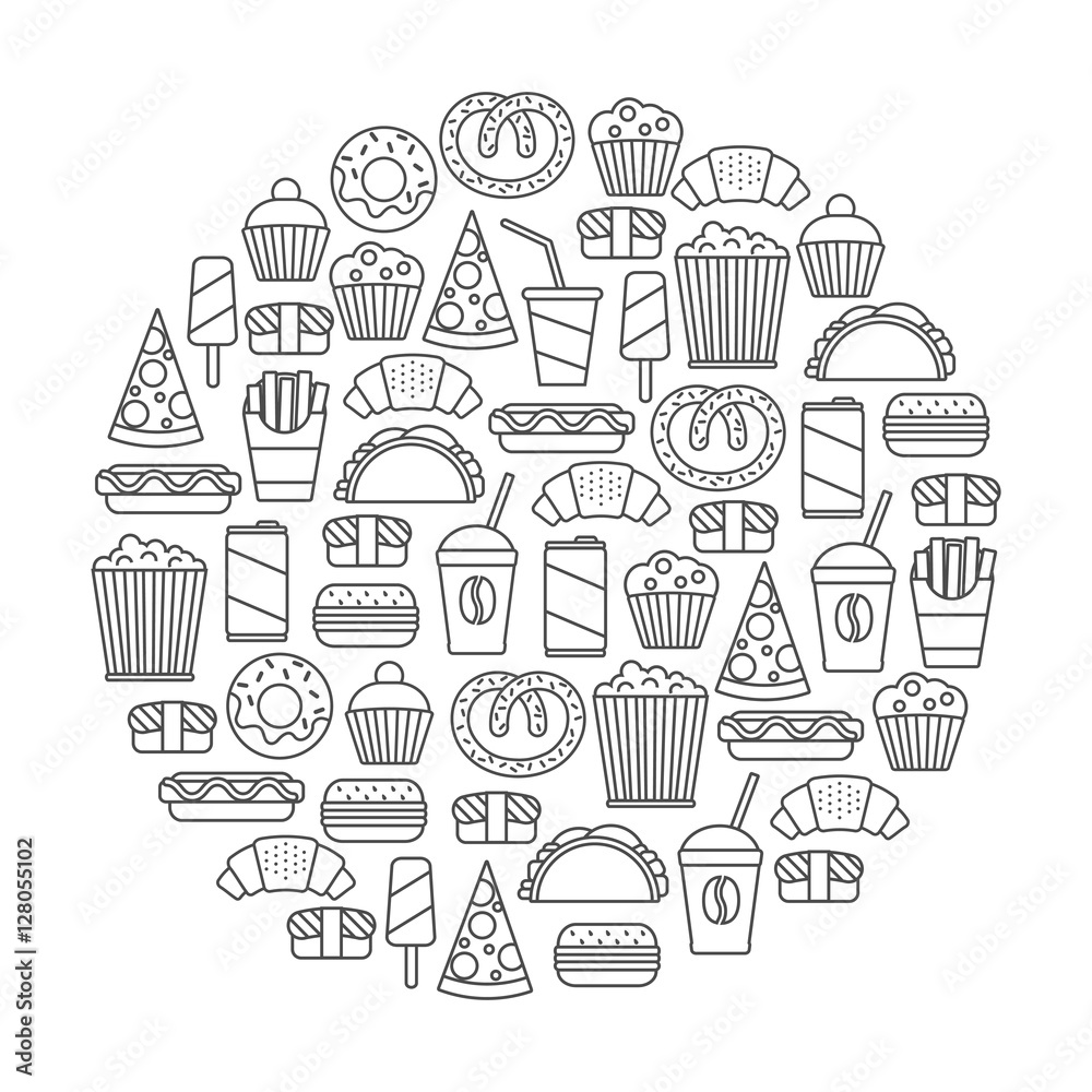 round design element with fast food icons