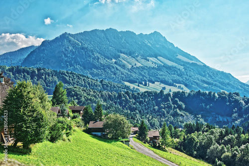 Village on Prealps mountains in Gruyere district in Fribourg Switzerland