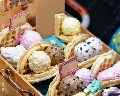 Photography Waffle with ice cream in Myeongdong open street market Seoul