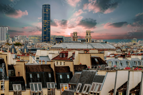 Overview of Paris from Pompidou Center with Montparnasse Tower in the distance. France.