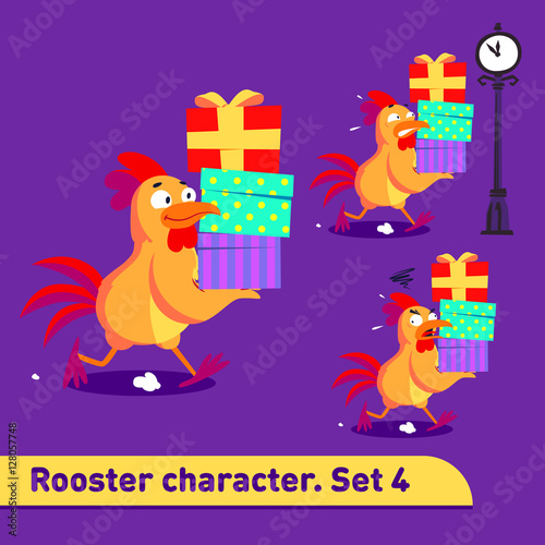 Vector illustrations set includes three running poses of rooster character with different emotions carying gift boxes in funny cartoon style