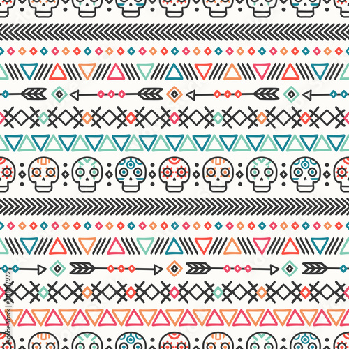 Day of the Dead. Tribal hand drawn line mexican ethnic seamless pattern. Border. Wrapping paper. Print. Doodles. Tiling. Handmade native vector illustration. Aztec background. Texture. Style skull.