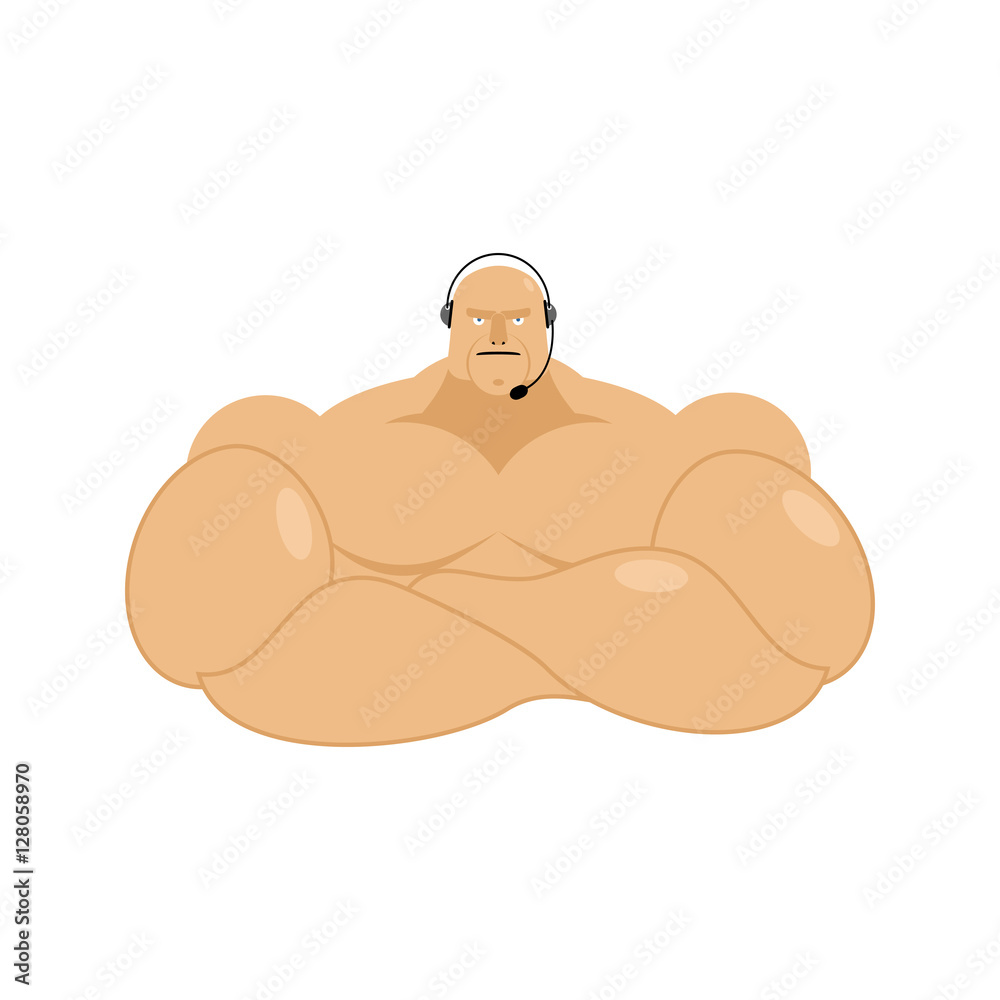 Fitness Call Center. Athlete with headset. Bodybuilder operator Fitness Call Center. Athlete with headset. Bodybuilder operator