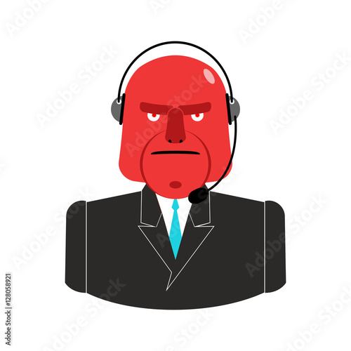 Angry call center. Red man with headset. Aggressive operator fee