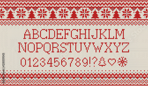 Christmas font. Knitted latin alphabet on seamless knitted pattern with snowflakes and fir. Nordic fair isle knitting, winter holiday sweater design. Vector Illustration.