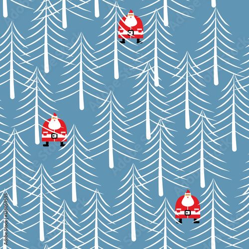 Santa Claus in forest seamless pattern. White trees Winter textu