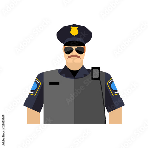 Police officer portrait. Policeman in uniform. radio and body a