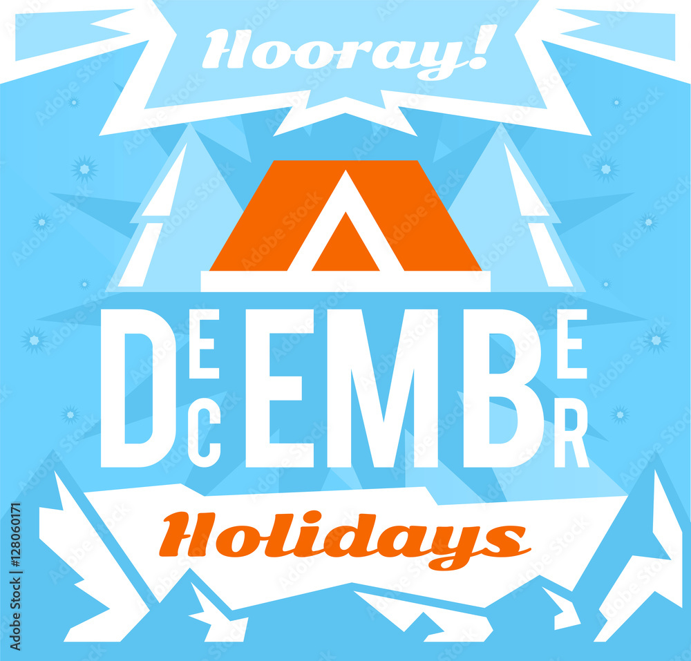 December holidays. Designed for printing, postcards, calendars, notebooks, diary. Bullfinch, home. Snowy mountains. Vector illustration. Flat style December holidays. Designed for printing, postcards, calendars, notebooks, diary. Bullfinch, home. Snowy mountains. Vector illustration. Flat style
