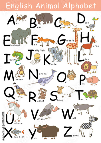English Animal Alphabet from A to Z each starting point is associated with  an animal Stock Vector | Adobe Stock