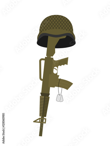 Grave soldier. Helmet and gun instead of cross. Badge Army. War