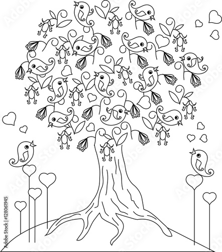 Loving bird blaming tree, hearts anti stress coloring page vector illustration