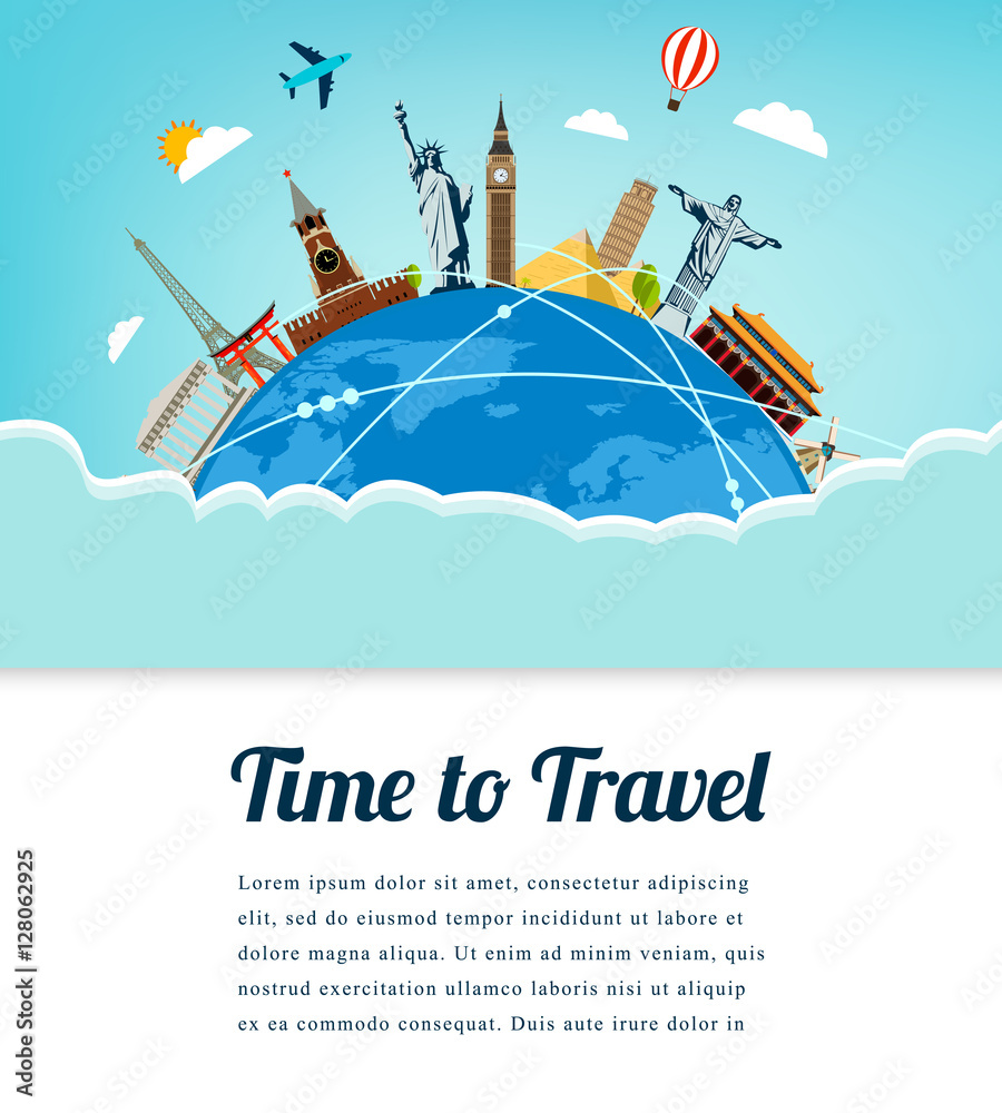 Naklejka premium Travel composition with famous world landmarks. Travel and Tourism. Vector. Modern flat design.