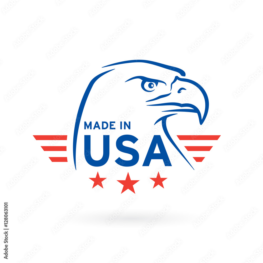 Naklejka premium Wykonane w USA ikona koncepcja odznaka z niebieskim i czerwonym emblematem Bielik amerykański 2. Ilustracji wektorowych.