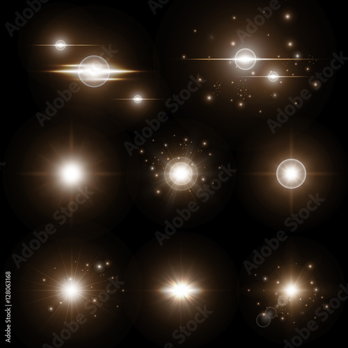 Shine background. Gold lights. Christmas bokeh. Glow vector. Star glow. Illustration of a black backdrop.
