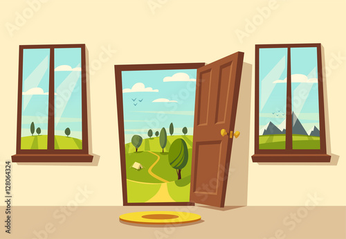 Open door. Valley landscape. Cartoon vector illustration.