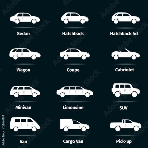 Car icons set. Twelve different car forms