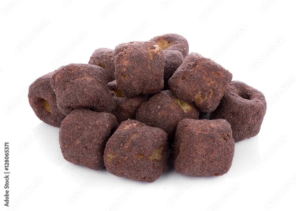 Crunchy corn chocolate snacks on a white background Crunchy corn chocolate snacks on a white background